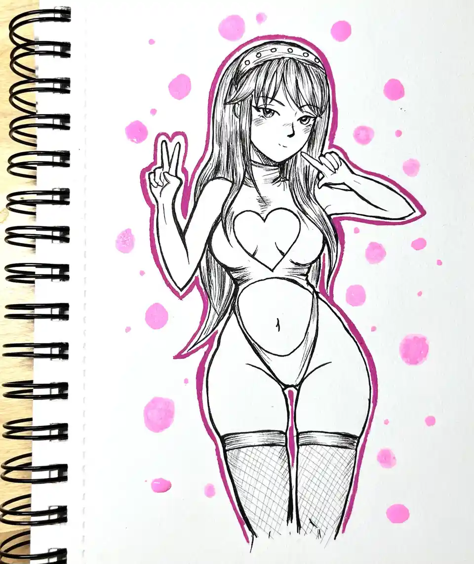 A hand-drawn anime-style illustration of a woman with long hair, wearing a heart-shaped top and fishnet stockings, making…