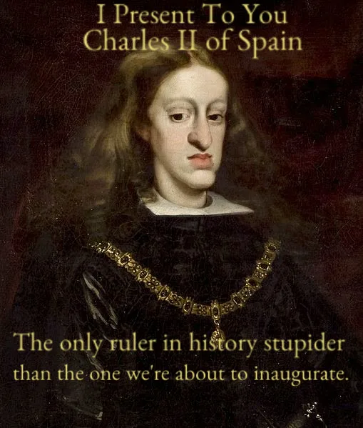A historical portrait of Charles II of Spain, depicted with long hair and wearing a dark robe with a gold chain, overlaid…