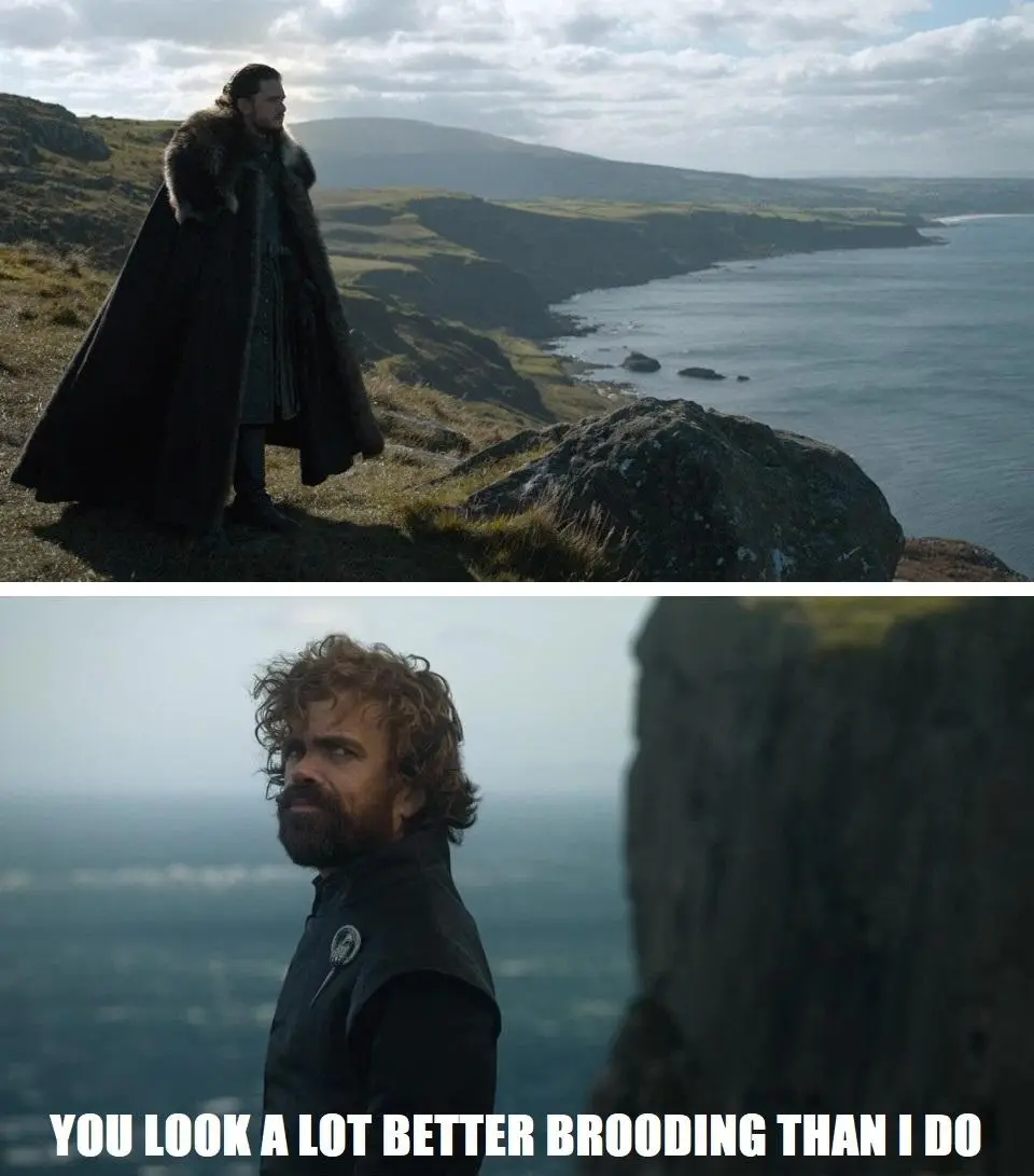 The top panel shows Jon Snow in a dark fur-lined cloak standing alone on a cliff overlooking a coastal landscape. The bottom…