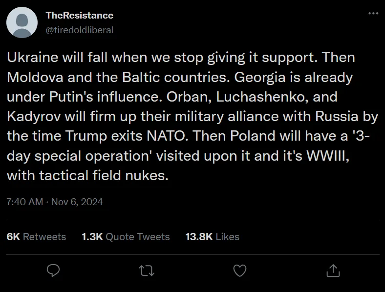 A screenshot of a tweet from 'TheResistance' (@tiredoldliberal) dated November 6, 2024, displaying a doomsday prediction…