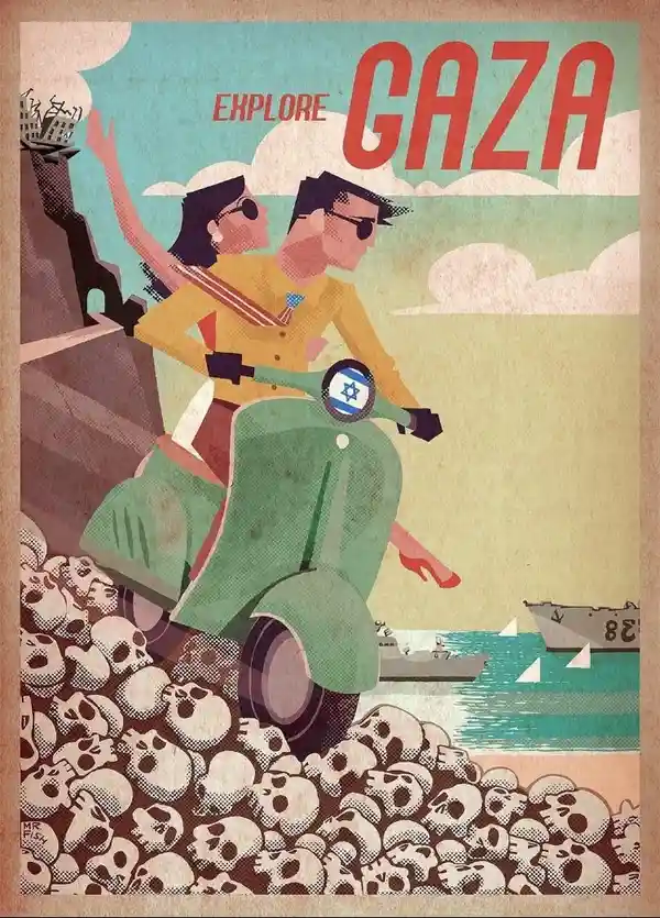 A vintage-style travel poster depicts a man and woman on a green scooter with an Israeli flag on the front, riding over a…