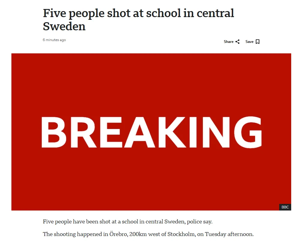A screenshot of a BBC news article with a red banner reading 'BREAKING' and the headline 'Five people shot at school in…