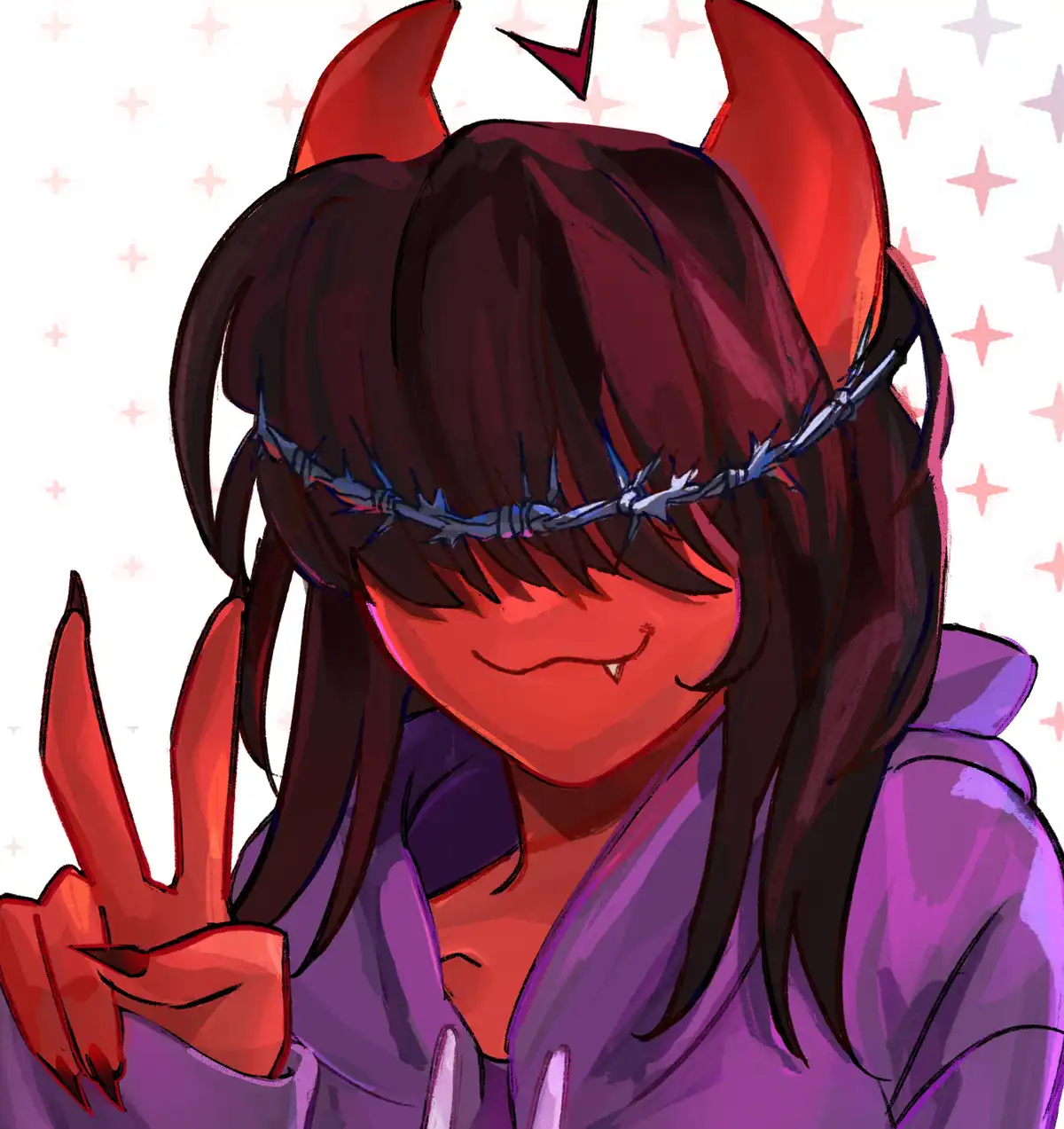 An anime-style illustration of a devil girl with red horns, a barbed wire headband, and a purple hoodie, smiling while…