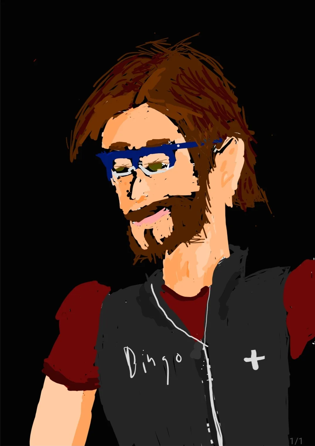 A stylized digital drawing of a man with brown hair, a beard, and blue-rimmed glasses, wearing a black vest over a red…
