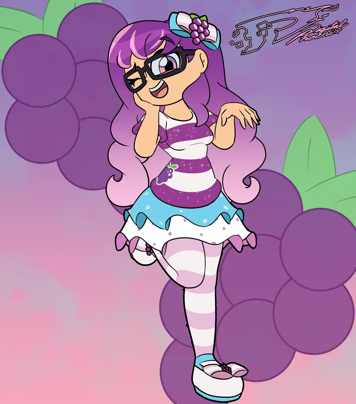 A cartoon girl with long purple hair, black glasses, and a purple-and-white striped outfit stands among large purple grapes…