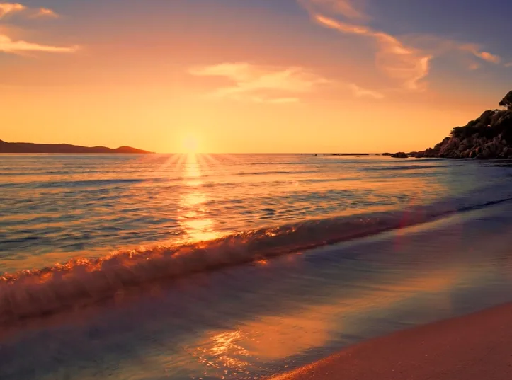 a serene sunset over a calm ocean with gentle waves lapping at a sandy shore, featuring warm orange and pink hues in the sky…