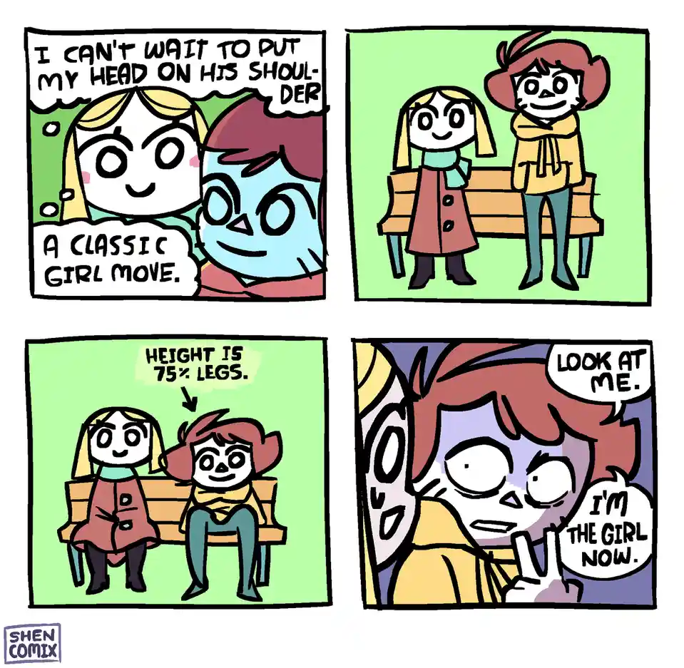 A four-panel comic shows two cartoon girls on a bench. The first panel shows one girl excitedly thinking about putting her…