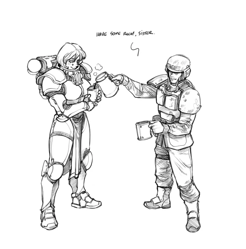 A black-and-white sketch shows two armored soldiers in a moment of camaraderie. One soldier, wearing a helmet and holding a…