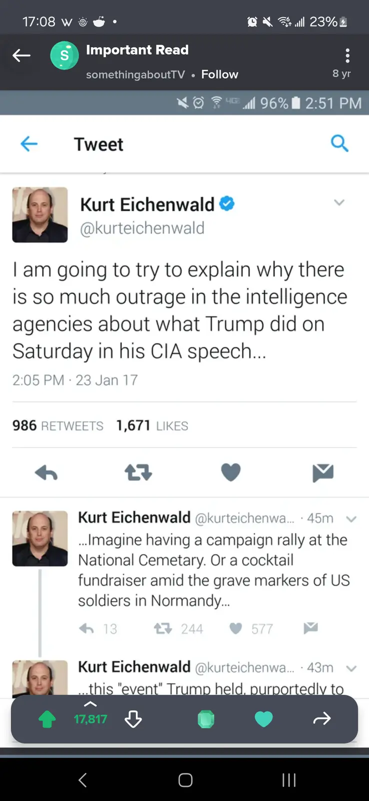 A screenshot of a Twitter thread by Kurt Eichenwald showing his attempt to explain the outrage over Trump's alleged CIA…