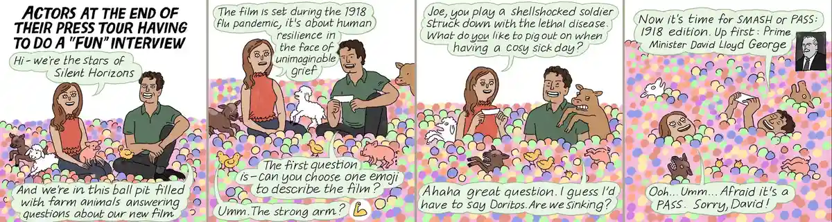 A four-panel comic strip shows actors in a ball pit with farm animals during a press interview for a film about the 1918 flu…