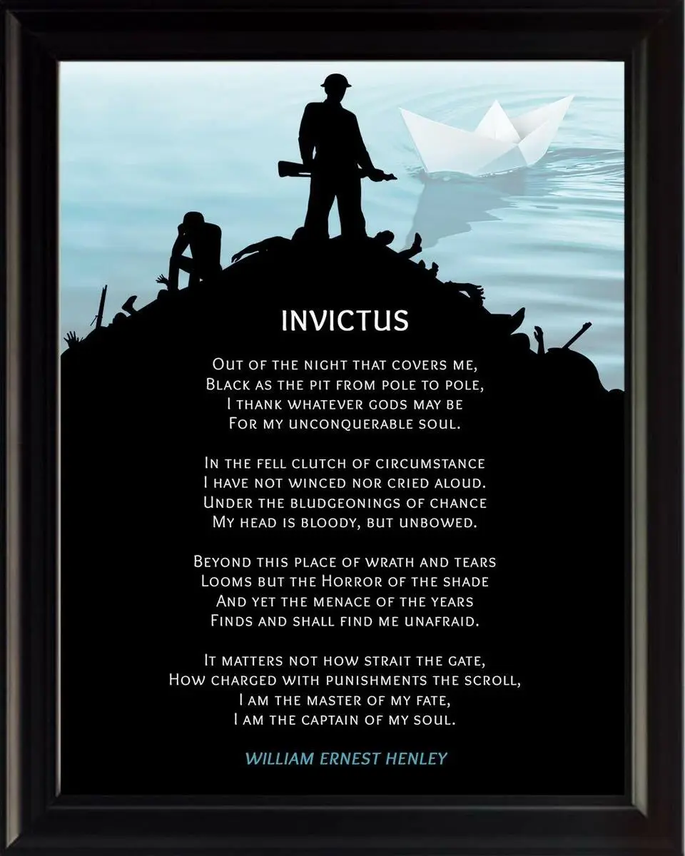 A framed image displays the poem 'Invictus' by William Ernest Henley, overlaid on a silhouette of a lone figure standing…