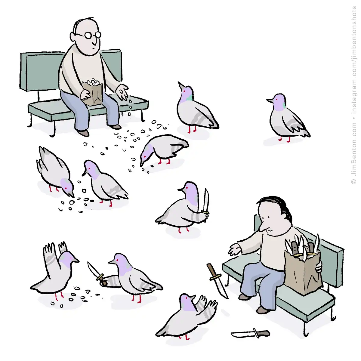 A cartoon depicts a man sitting on a bench, initially feeding pigeons with a bag of bread. As the pigeons eat, one pigeon…