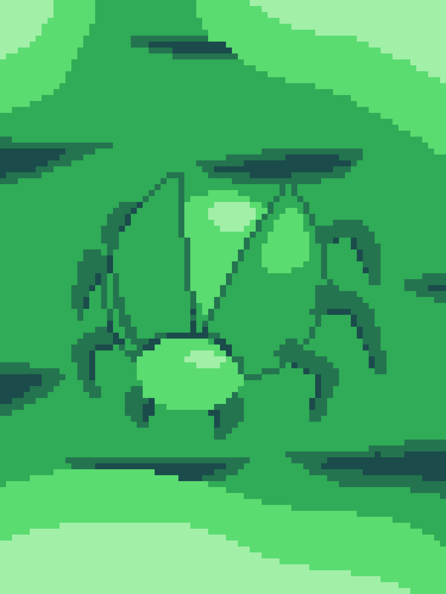 A pixelated, low-resolution image shows a green, cartoonish creature with a round body, multiple limbs, and a simple face…