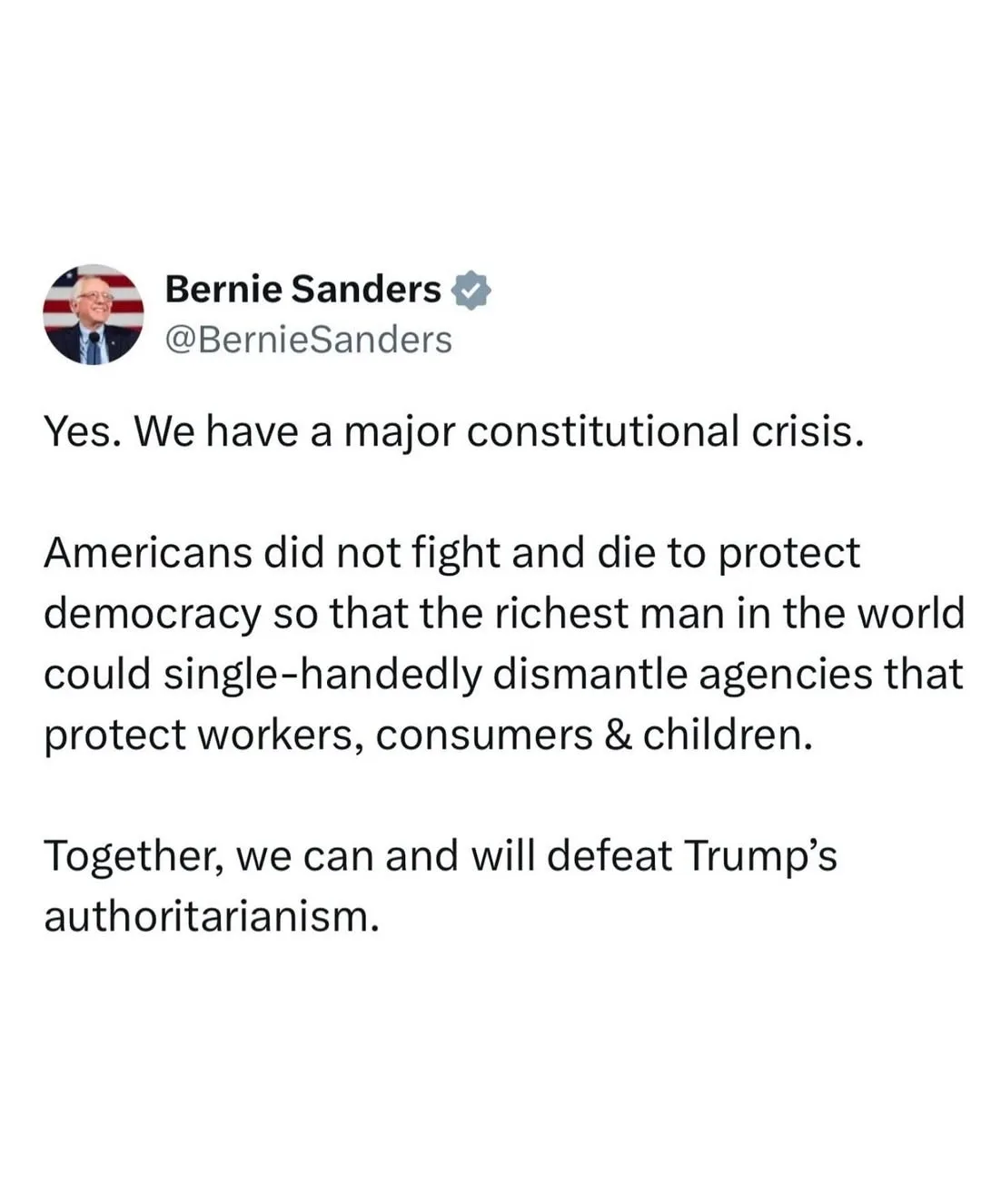 A screenshot of a verified Twitter post by Bernie Sanders, featuring his profile picture and a tweet criticizing the…