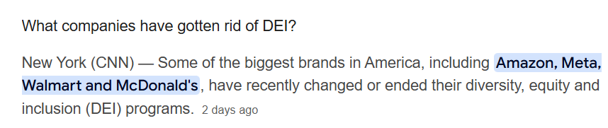 A screenshot of a CNN article snippet with the headline 'What companies have gotten rid of DEI?' The article lists Amazon…