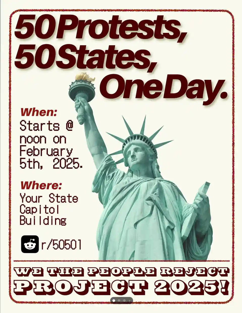 The image displays a parody protest poster featuring the Statue of Liberty. The text announces '50Protests, 50States…