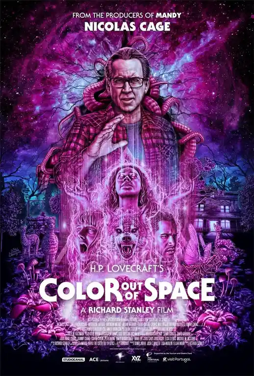 This is a promotional movie poster for 'H.P. Lovecraft's Color Out of Space,' featuring Nicolas Cage as the central figure…