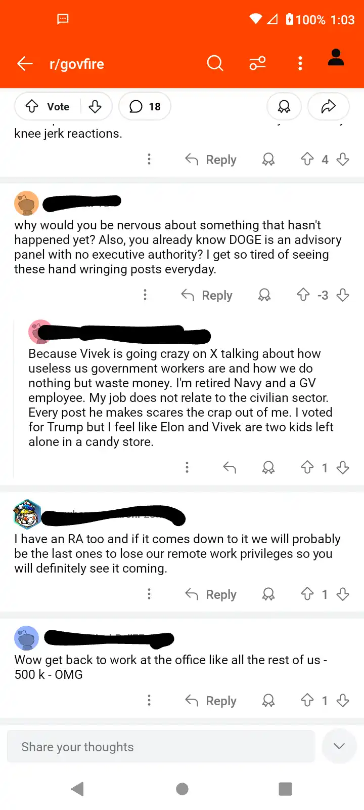 A screenshot of a Reddit thread in r/govfire showing a comment where a retired Navy and government worker expresses fear…