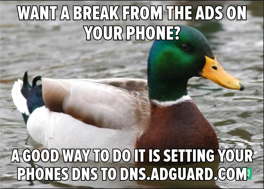 A mallard duck with a green head and yellow beak is floating in water. White bold text at the top asks, 'WANT A BREAK FROM…