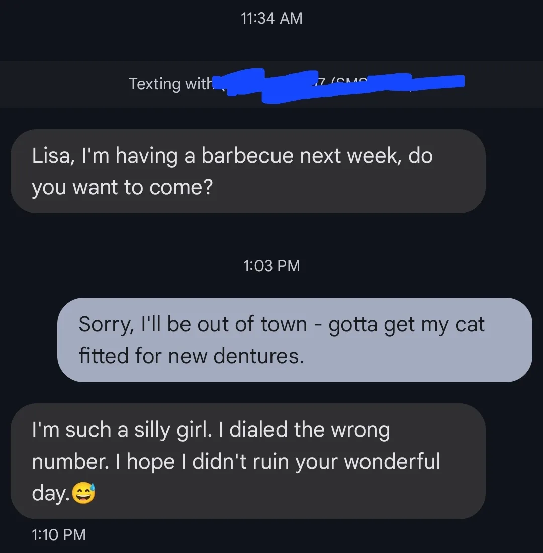 A screenshot of a text conversation shows a person inviting 'Lisa' to a barbecue, then Lisa replies she's out of town to get…