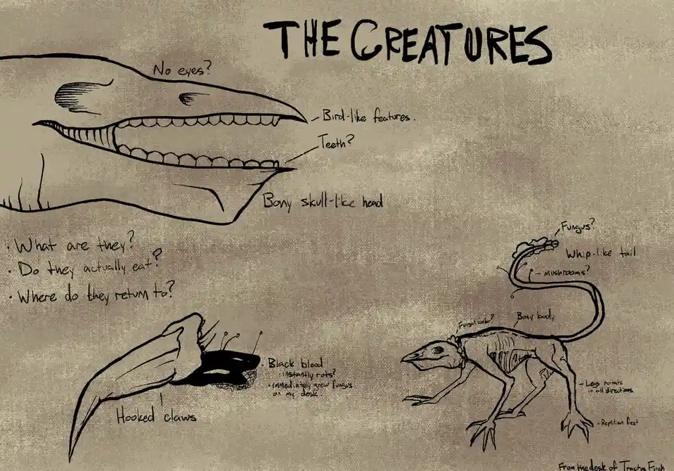 A sepia-toned, hand-drawn sketch titled 'THE CREATURES' shows three bizarre, hybrid monster designs with handwritten…
