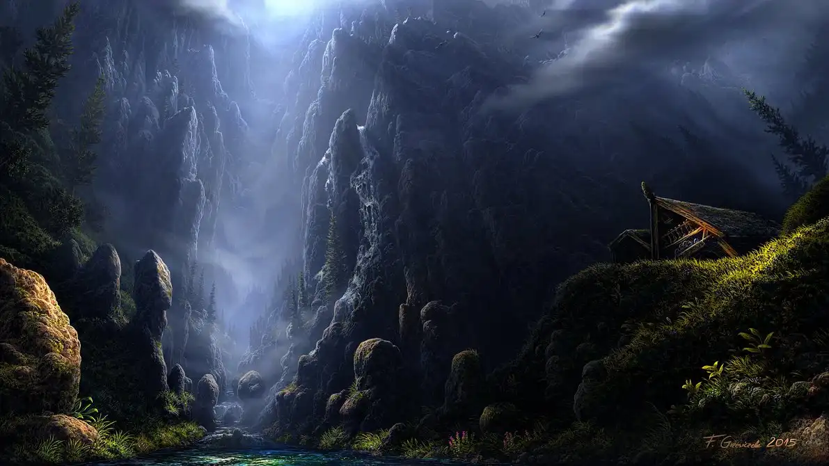 A dramatic fantasy landscape painting shows a deep, misty canyon with towering cliffs, a small stream, and a lone wooden…