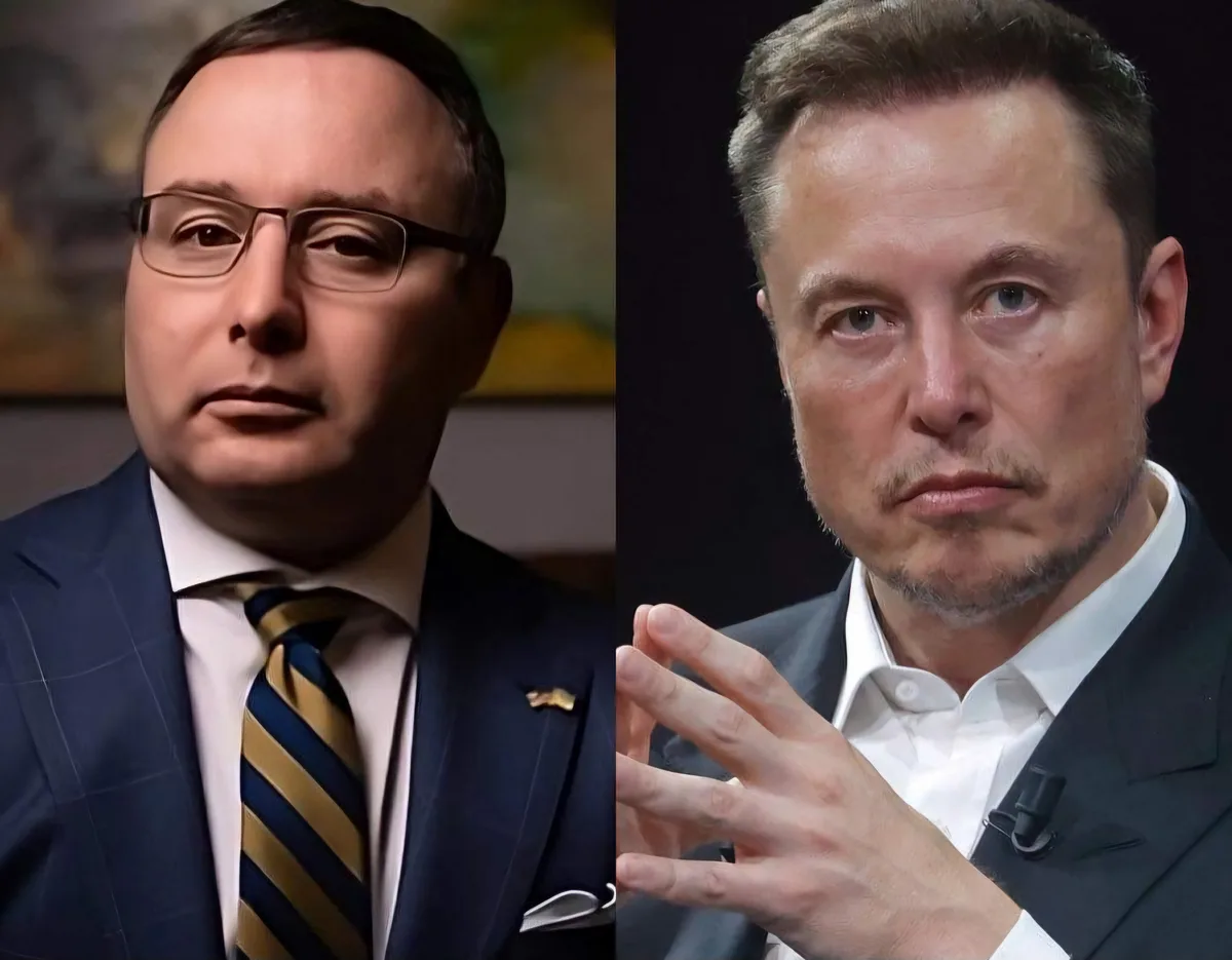 The image is a side-by-side split of two men: on the left, a man in a dark suit with a striped tie and glasses, and on the…