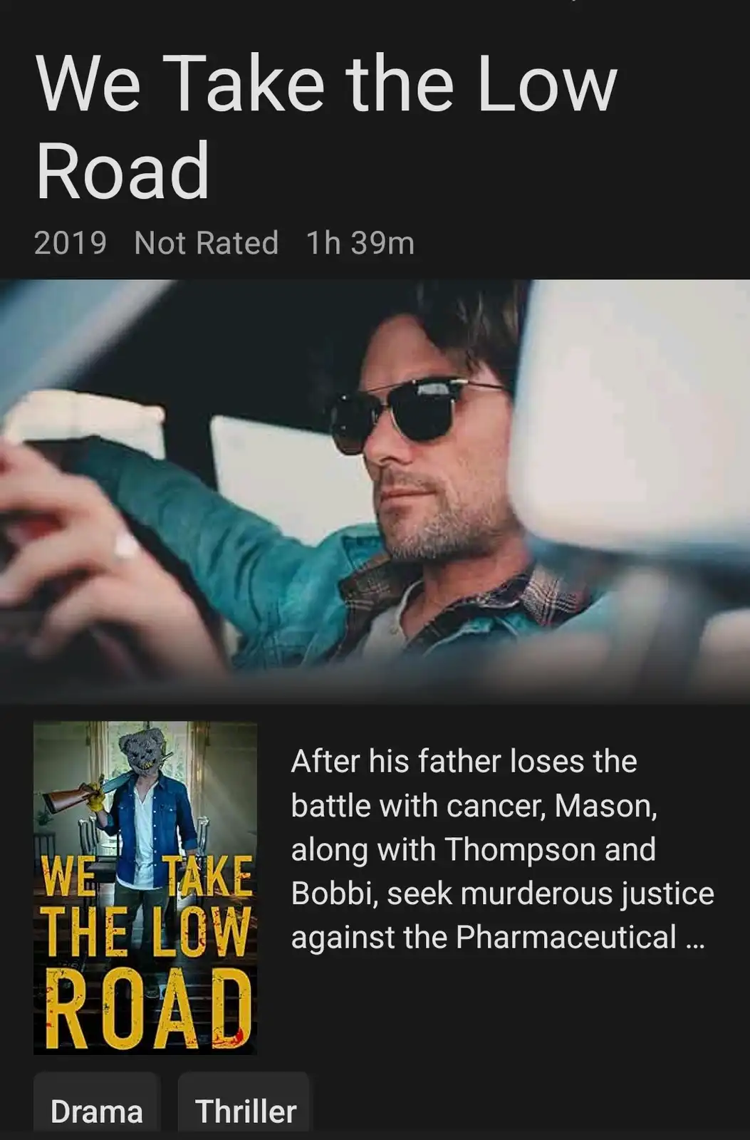 The image shows a movie listing for 'We Take the Low Road' with a photo of a man in sunglasses driving. Below, a movie…