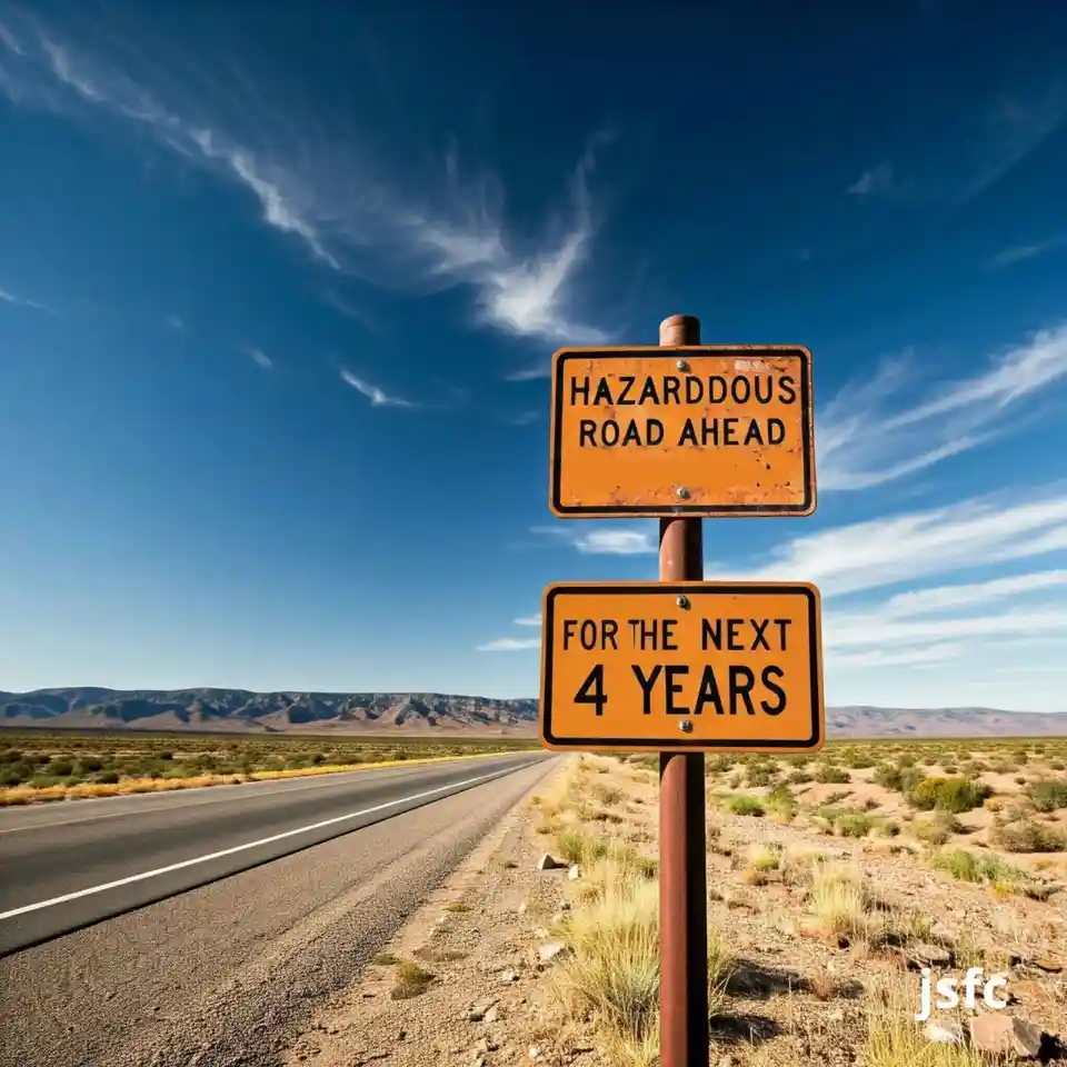 An orange, weathered road sign stands beside a desert highway under a blue sky with wispy clouds. The top sign reads…