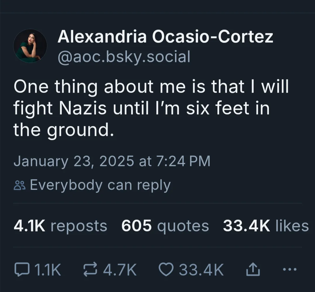 A screenshot of a social media post by Alexandria Ocasio-Cortez, showing her profile picture, username, and the text 'One…