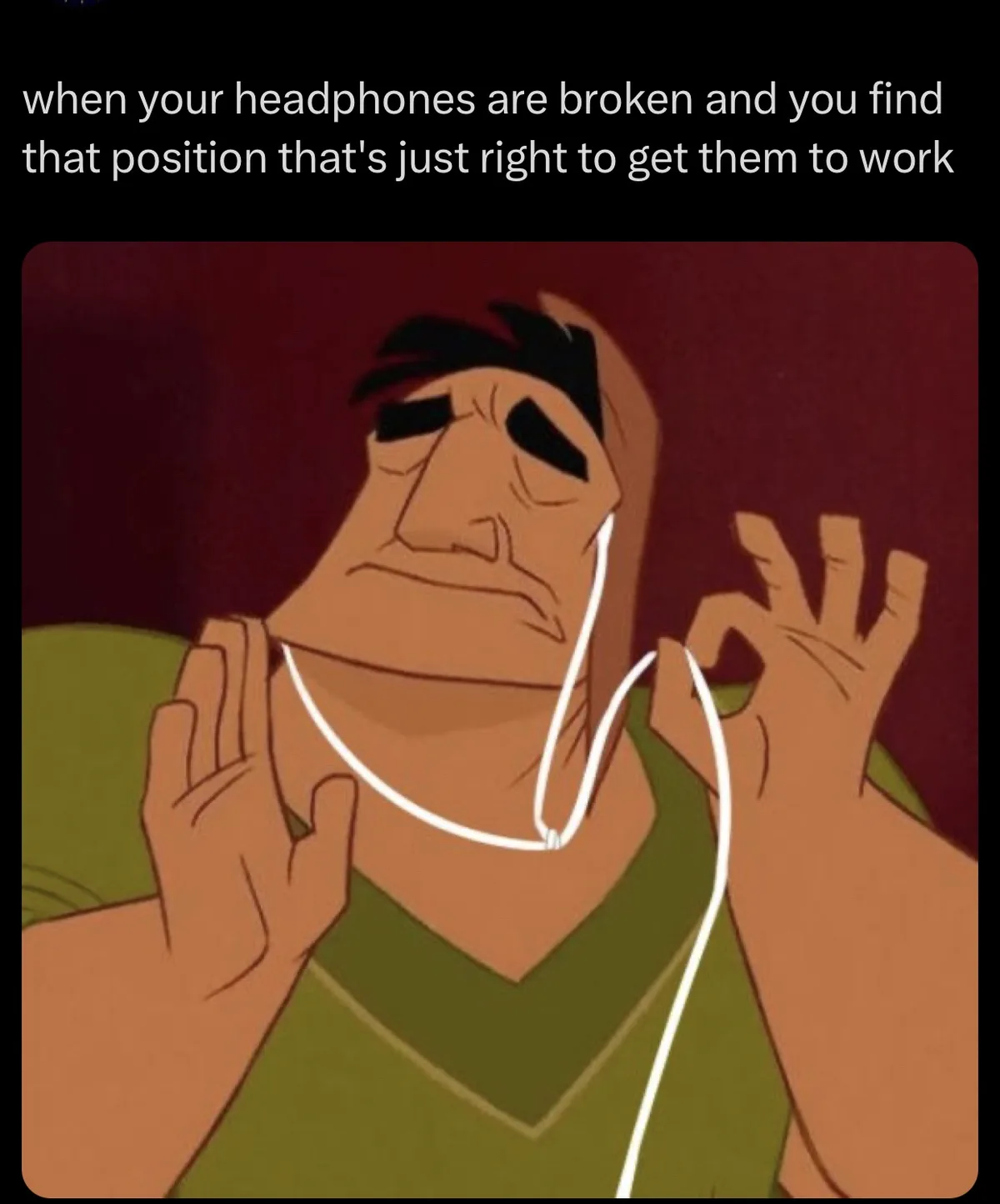An animated character with a strained, resigned expression holds white earbud-style headphones in a makeshift position…