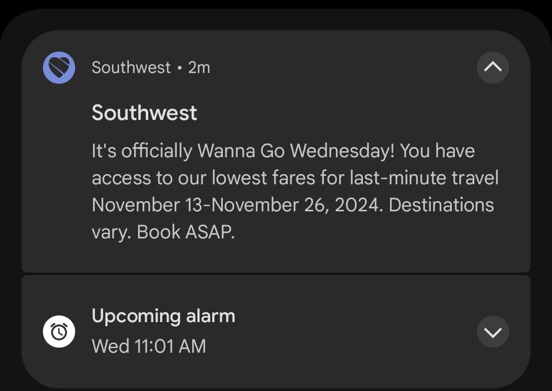 A smartphone notification from Southwest Airlines announces 'Wanna Go Wednesday' with low fares for travel between November…