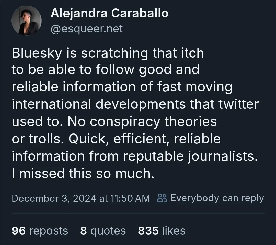 A screenshot of a Bluesky social media post by Alejandra Caraballo (@esqueer.net) dated December 3, 2024, expressing…