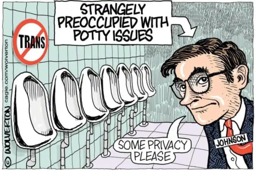 A cartoon depicts a man labeled 'JOHNSON' standing in a men's restroom with multiple urinals. He has a smug expression and…