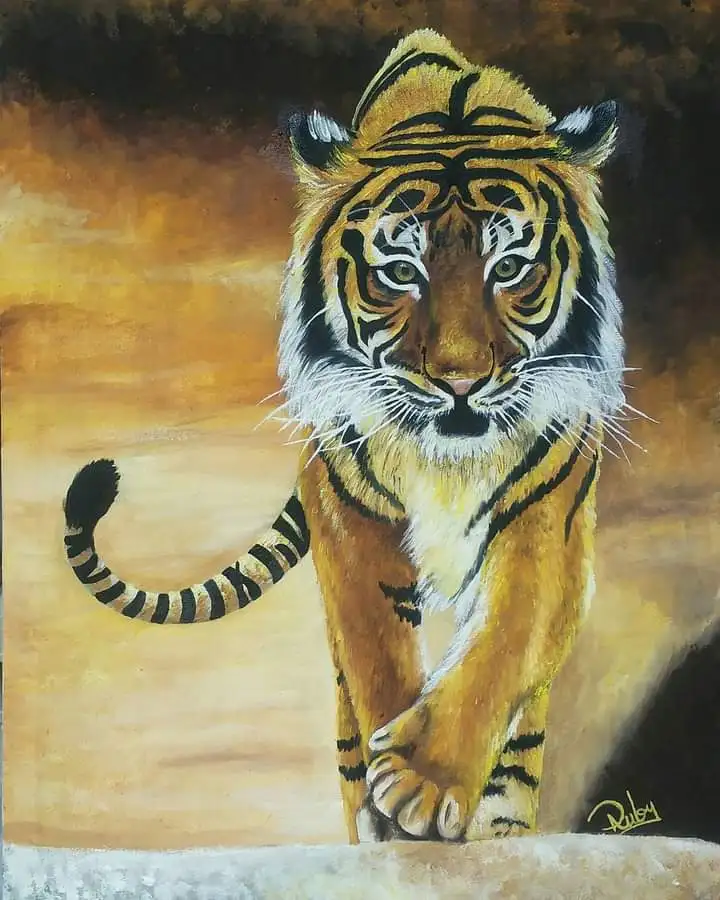 A realistic painting of a tiger walking forward, its stripes and facial markings clearly visible against a warm-toned…