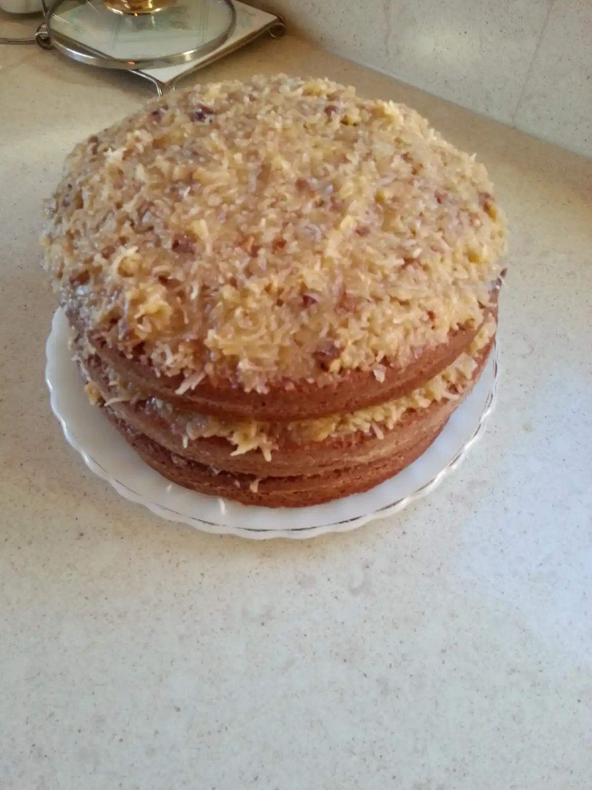 A two-layer cake with a golden-brown crust and a topping of shredded coconut and nuts sits on a white scalloped plate on a…