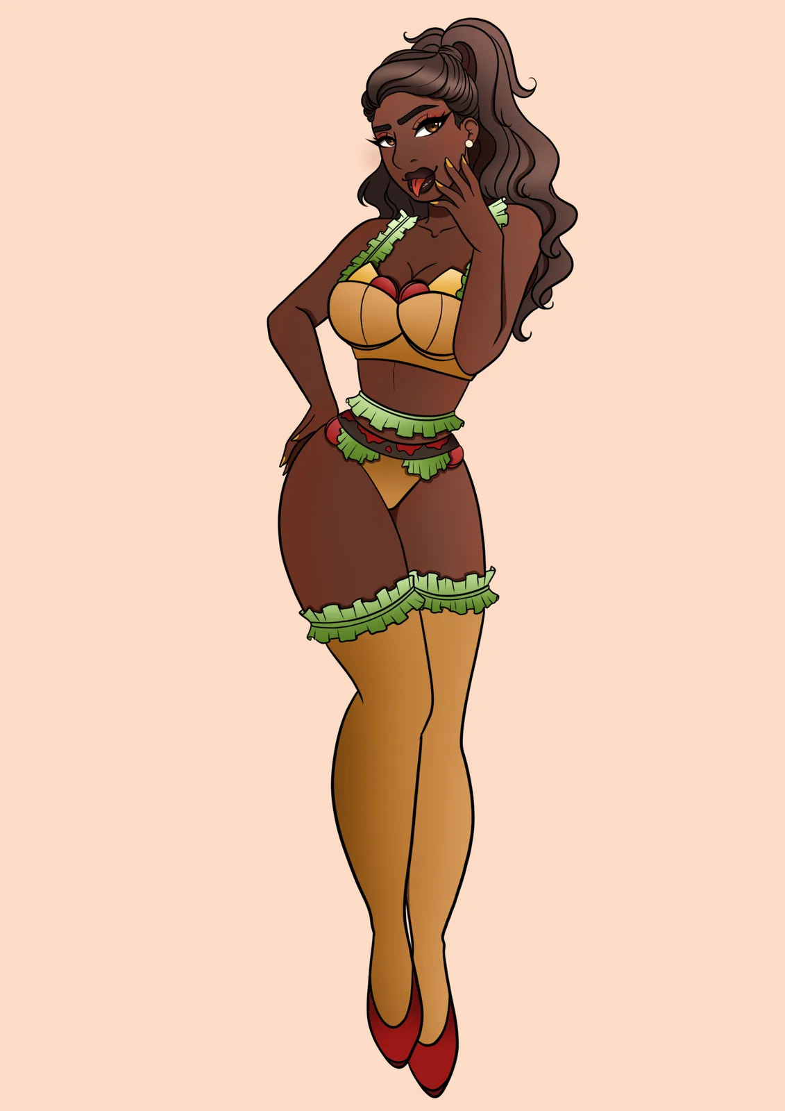 A cartoon illustration of a Black woman with long brown hair in a high ponytail, wearing a bikini made to look like a…