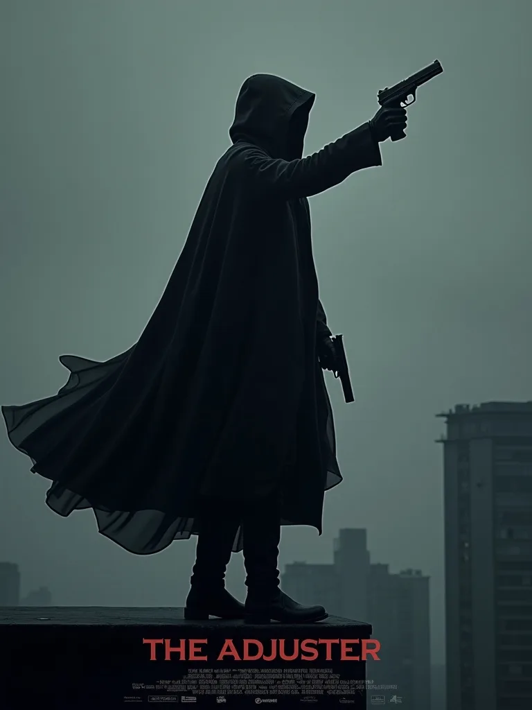 A hooded figure in a long black cloak stands on a rooftop, holding a pistol pointed forward while another hangs at their…