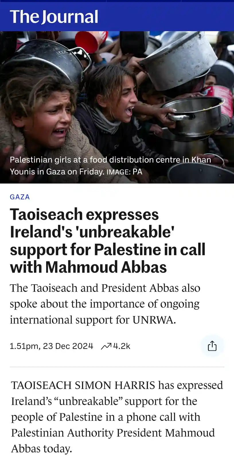 A screenshot of a news article from 'The Journal' shows a photo of distressed Palestinian girls at a food distribution…