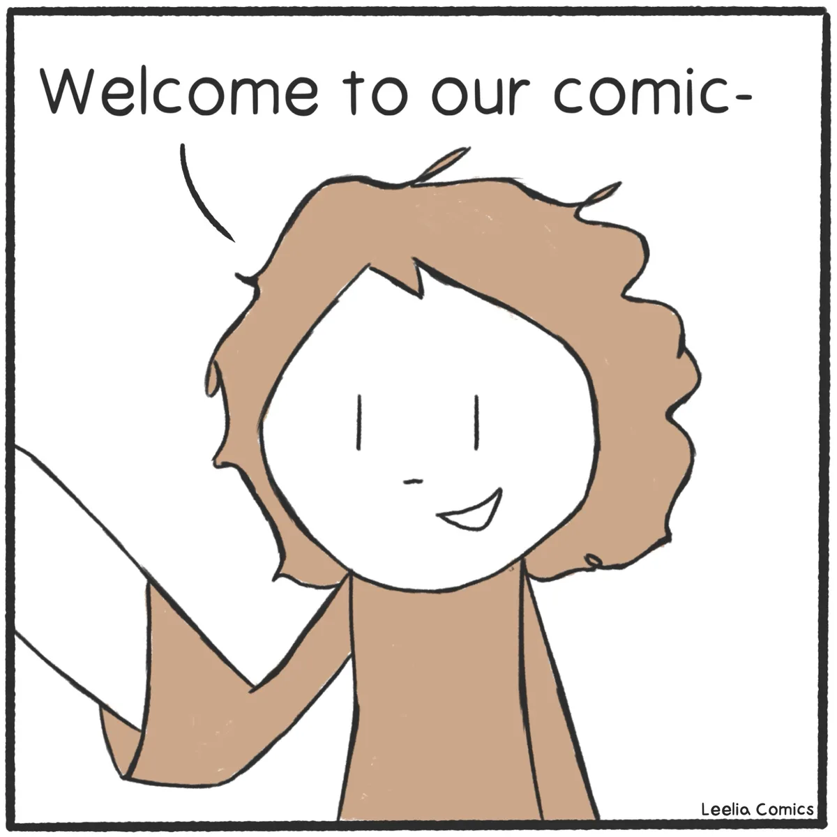 A simple cartoon drawing shows a smiling, brown-haired character with a plain face, wearing a brown shirt and gesturing with…