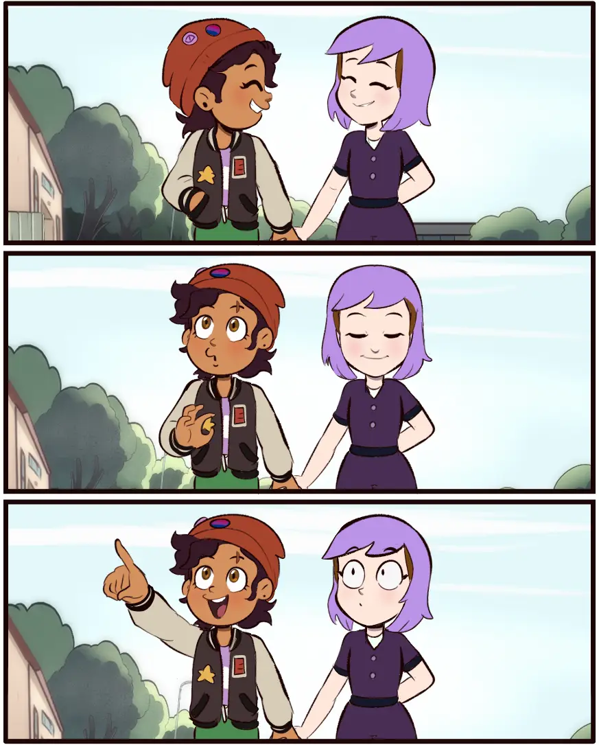 A three-panel comic strip featuring two animated characters holding hands. In the first panel, they are smiling happily. In…