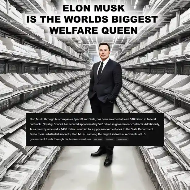 A black-and-white image shows Elon Musk standing confidently in the middle of a long aisle flanked by towering shelves…