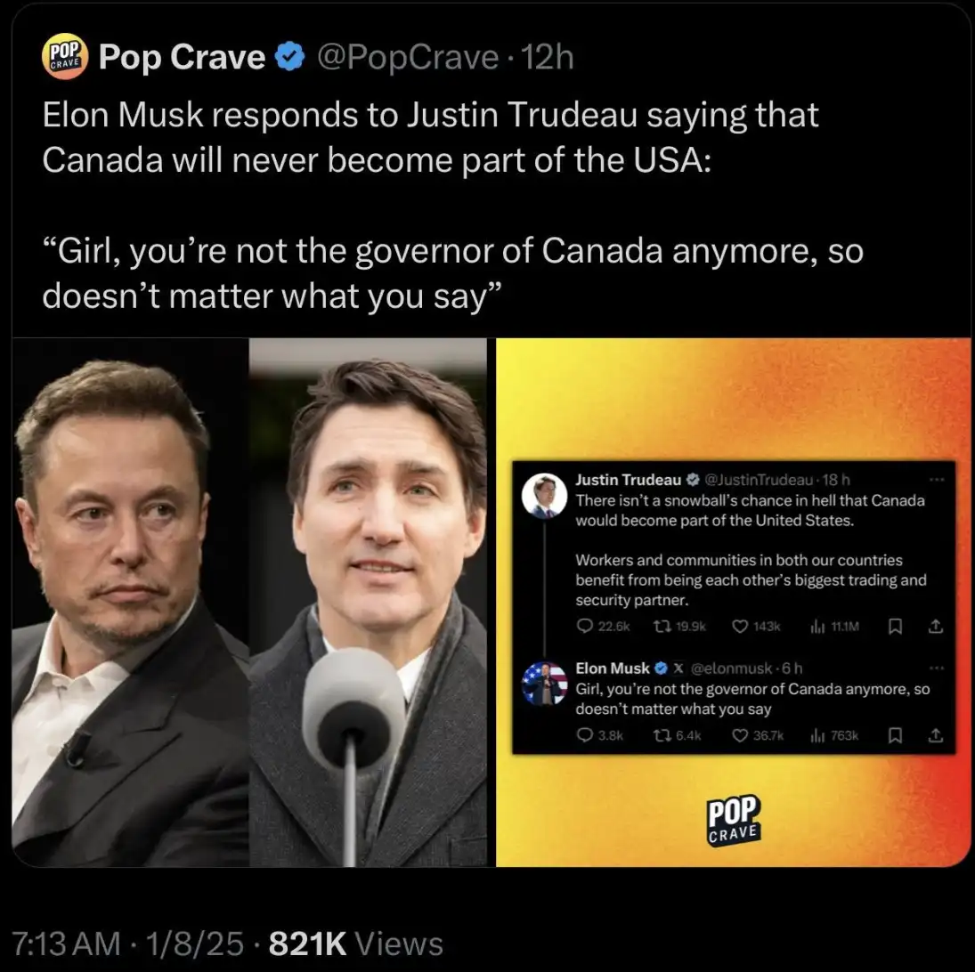 The image displays a screenshot of a Twitter thread where Justin Trudeau tweets that Canada will never become part of the…