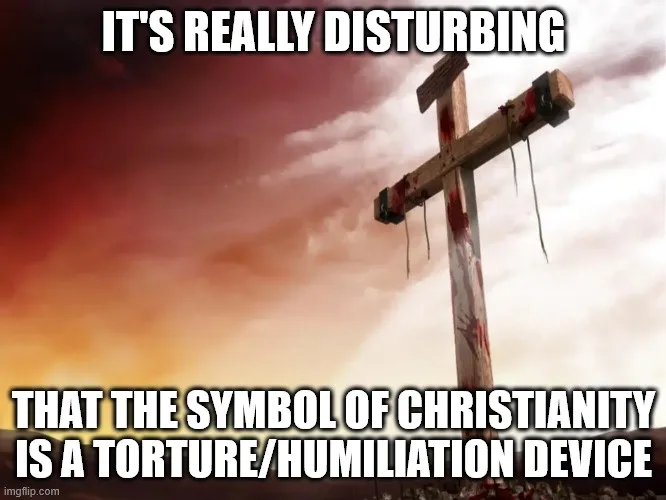 A weathered wooden cross with visible bloodstains and hanging ropes stands against a dramatic, fiery sky. White bold text at…