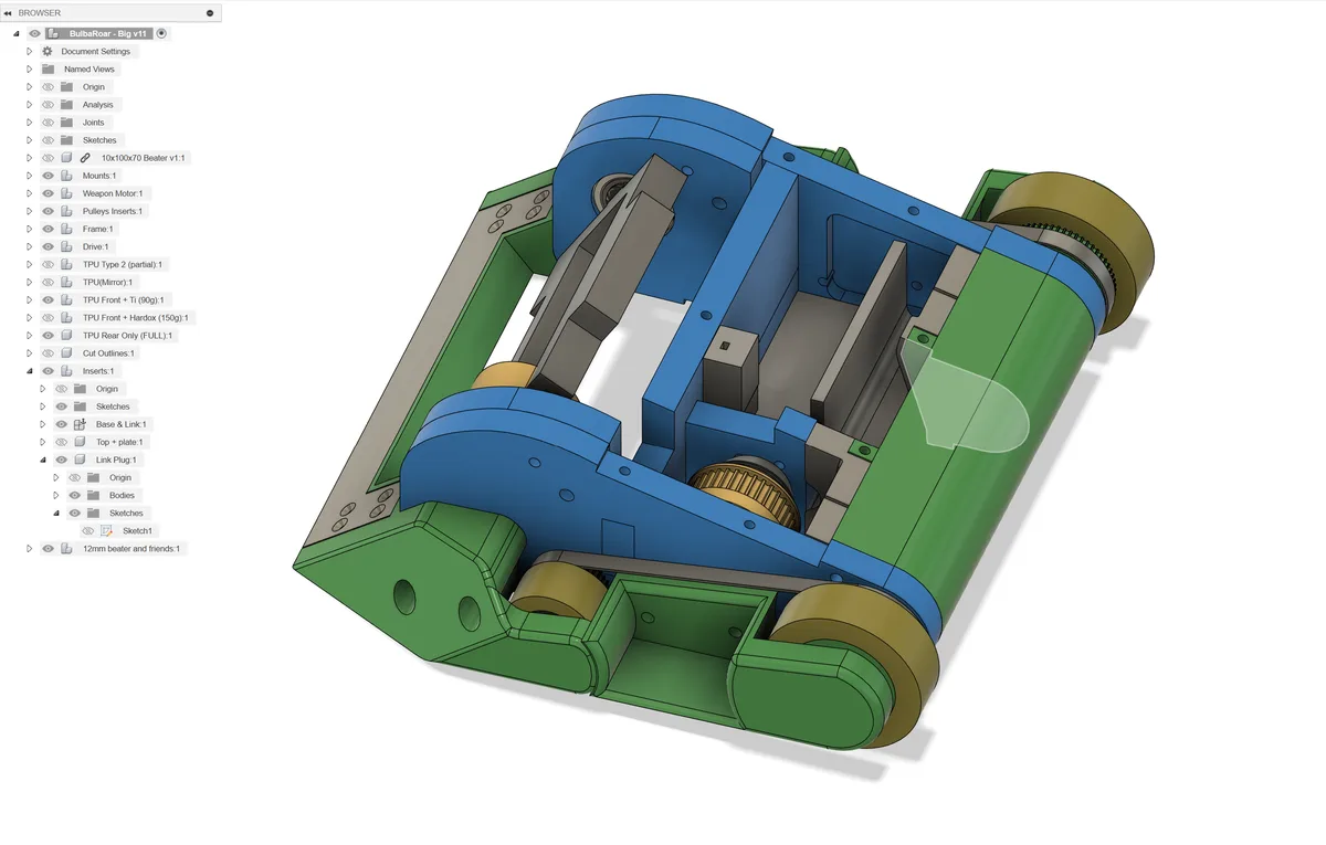 A 3D CAD model of a robot, likely for combat robotics, shown in a design software interface with a browser panel listing…