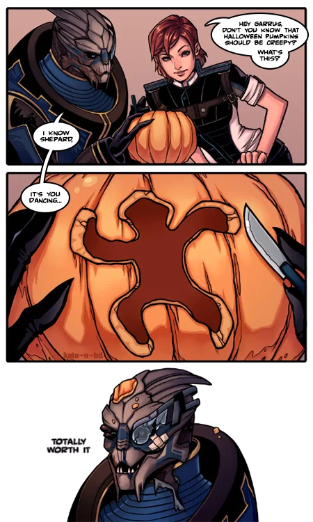 A comic strip from Mass Effect shows a female character holding a pumpkin and asking Garrus Vakarian why it's not scary. The…