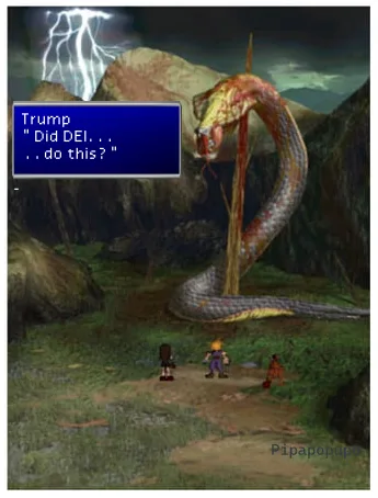 A screenshot from a video game shows three small characters facing a giant, lightning-struck snake. A blue dialogue box in…