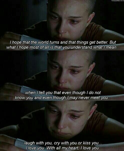 A three-panel image of a young woman with a shaved head, visibly crying, overlaid with text from a scene expressing deep…
