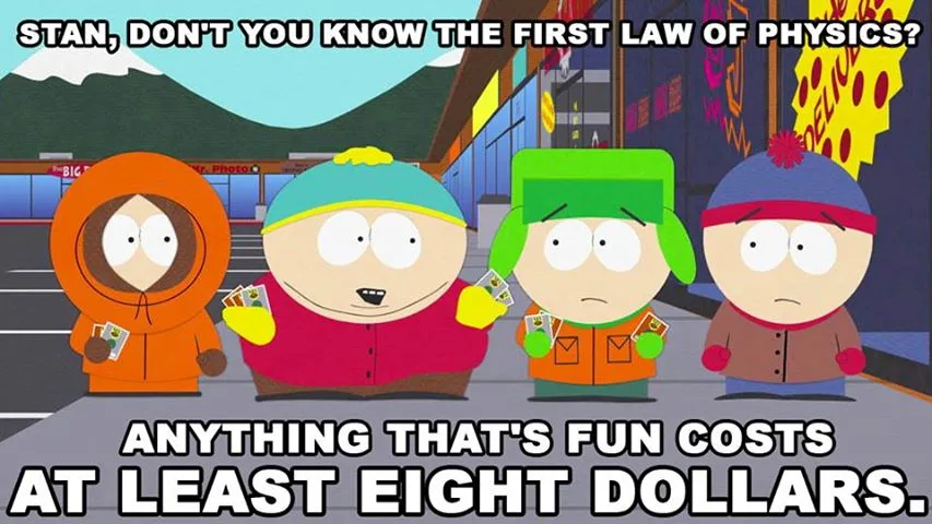 Four characters from South Park stand in a street scene holding money. The text at the top asks Stan if he knows the first…