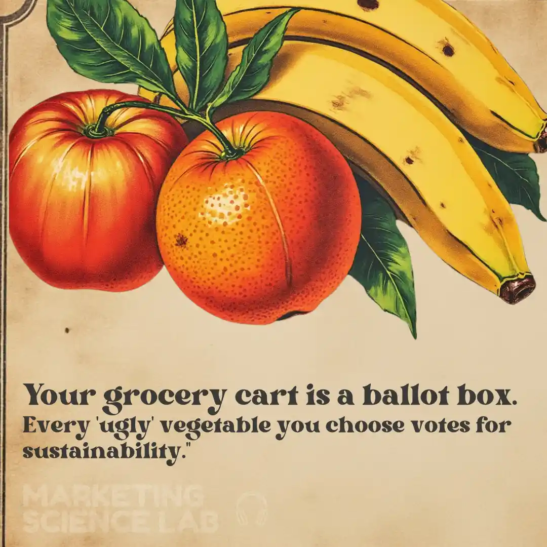 An illustrated vintage-style grocery ad shows a red tomato, an orange citrus fruit, and a bunch of yellow bananas with green…
